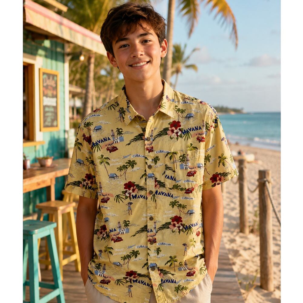 MBX Boys Medium Havana Cuba Tropical Button Shirt Hawaiian Beach Print